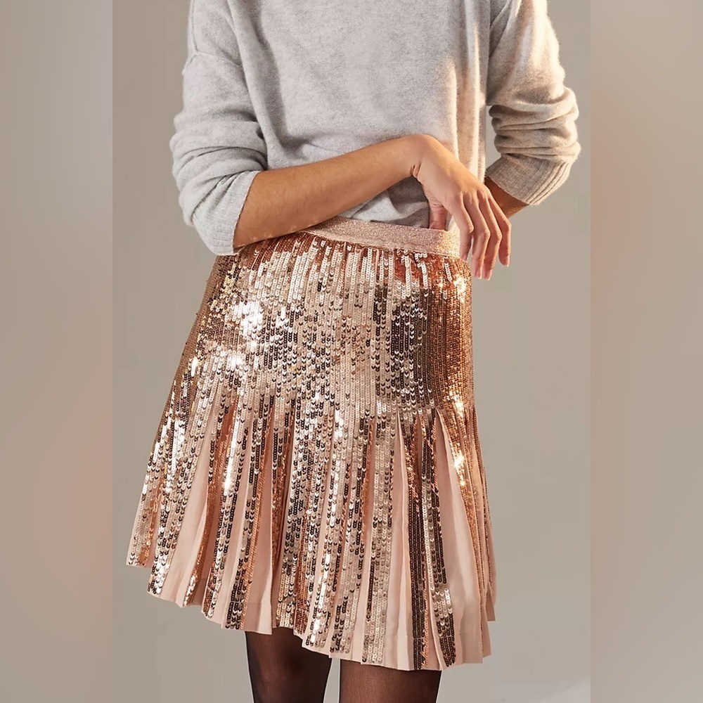 Anthropologie Bea Sequined Mini Skirt Pleated Gold size 4 - Picture 4 of 6